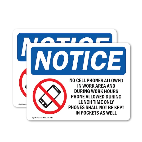 Signmission No Cell Phones Allowed In Work Sign With Symbol, 10 in W x Rectangle, Vinyl Decal OS-2PACK-NS-D-710-L-14420 - main